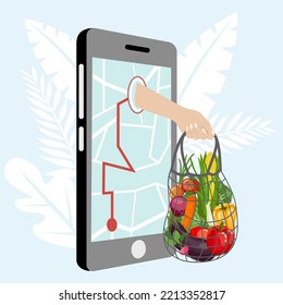 
Online shopping or delivery concept illustration with a hand holding a string bag full of fresh vegetables coming out of a smartphone screen. Vector illustration in a flat style.