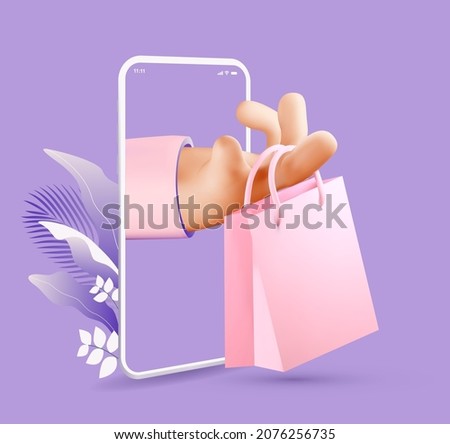 Online shopping or delivery concept illustration with 3d rendered cartoon hand holding shopping bag coming out from smartphone screen. Vector illustration