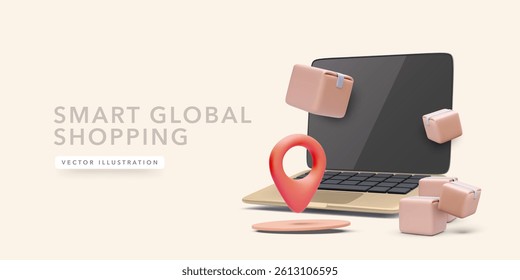 Online Shopping Delivery Concept With Laptop, Boxes, And Location Pin Symbolizing Smart Global E-Commerce And Shipping. Trendy 3D Vector Illustration.