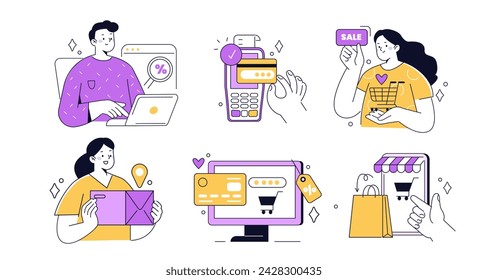 Online shopping and delivery. Concept outline illustrations set. Characters buying goods, paying with card, receiving a parcel. Vector illustration  