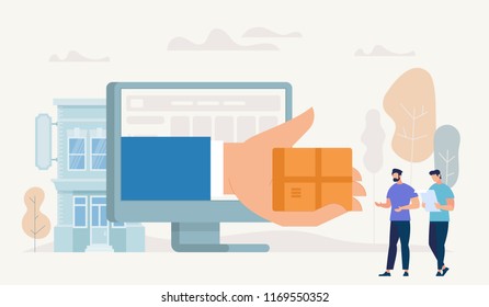 Online Shopping and Delivery Concept. Online Shop App. Ecommerce Sales, Online Shopping, Digital Technology in Marketing. Internet Shopping - Order, Pay, Deliver. Vector Flat Cartoon Illustration.