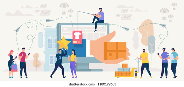 Online Shopping and Delivery Concept. Online Shop App. Ecommerce Sales, Digital Technology and Communication systems in Marketing. Shopping, Order, Pay and Deliver. Vector Illustration