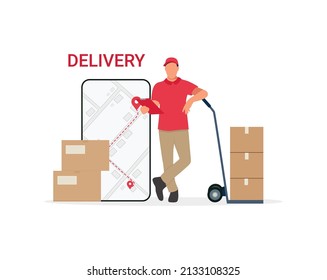 Online shopping and delivery concept. Vector illustration. Man in uniform. Courier