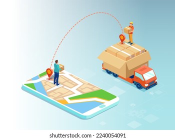 Online shopping and delivery concept. Vector of a man shopping online using mobile app and a product being delivered 