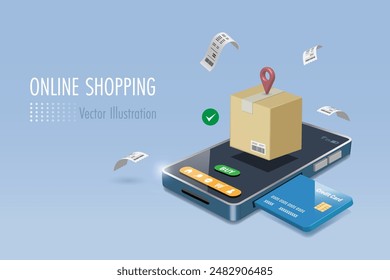 Online shopping, delivery with credit card payment. Shipment box on smartphone paid by credit card on mobile shopping app. E commerce marketing, online store and financial technology. 3D vector.