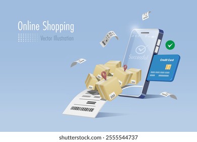 Online shopping, delivery with credit card payment. Shipment boxes and bill receipts on smartphone app paid by credit card. Financial technology. 3D vector.