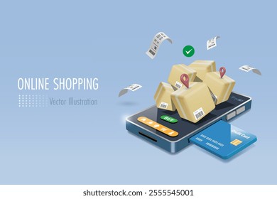 Online shopping, delivery with credit card payment. Shipment boxes on smartphone paid by credit card on mobile shopping app. E commerce marketing, online store and financial technology. 3D vector.