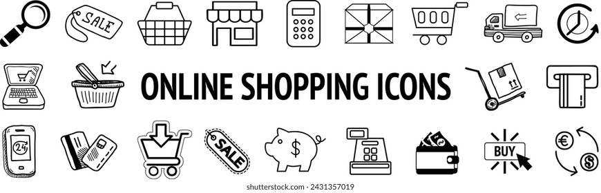 Online shopping and delivery elements. E-commerce shopping icons set. 