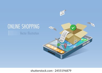 Online shopping and delivery with guarantee product and service. Open shipping box and bill receipt on smartphone map. Secure money and consumer right protection. 3D vector  from graphic software. svg