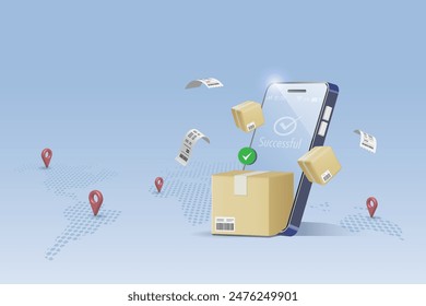 Compra online y entrega con producto garantizado. Caja de cartón de envío en el mapa de entrega de smartphone. Distribución de Productos y protección de los derechos del consumidor. Vector 3D