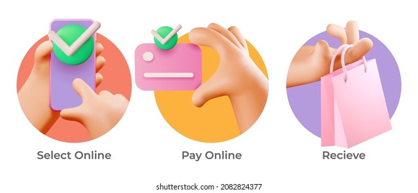 Online shopping and delivery icon set with 3d handy hands in colorful circles. Vector illustration