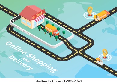Online shopping and delivery isometric vector, Shop or store and delivery car on phone screen with road, Deliver to the target points, World map background, New normal.