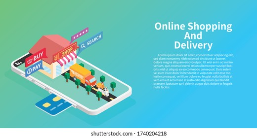 Online shopping and delivery isometric vector, Shop or store and delivery car on phone screen with road, White phone, Copy space, New normal.