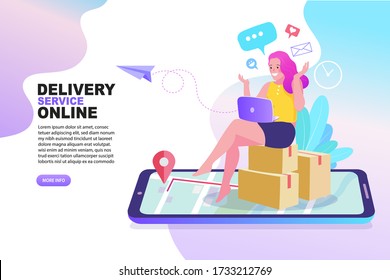 Online shopping and delivery landing page illustration. Woman using laptop sitting on paper box. E-commerce concept. Vector EPS10.