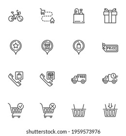 Online shopping delivery line icons set, outline vector symbol collection, linear style pictogram pack. Signs, logo illustration. Set includes icons as delivery address, free shipping, shopping basket