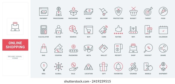 Online shopping and delivery line icons set. Discounts and coupons, basket to buy gifts in retail store, payment for order with credit card thin black and red outline symbols, vector illustration
