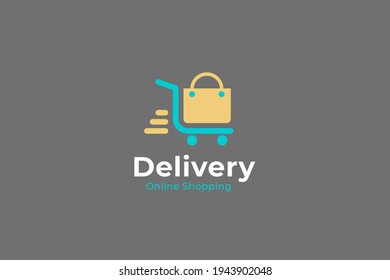 Online Shopping Delivery Logo. Blue and Yellow Shopping Cart with Shopping Bag Icon Combination isolated on Grey Background. Usable for Online Store Logos. Flat Vector Logo Design Template Element.