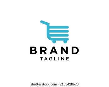 Online Shopping Delivery Logo. Blue Shopping Cart with Shopping Bag Icon Combination isolated on White Background. Usable for Online Store Logos. Flat Vector Logo Design Template Element.