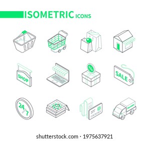 Online shopping and delivery - modern line isometric icons. E-commerce and food ordering idea. Basket, cart, bags, store, shop, website, box, sale label, round the clock service, pizza, payment, truck