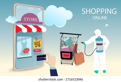 Online shopping delivery on mobile service to home,office. man is cleaning to prevent coronavirus