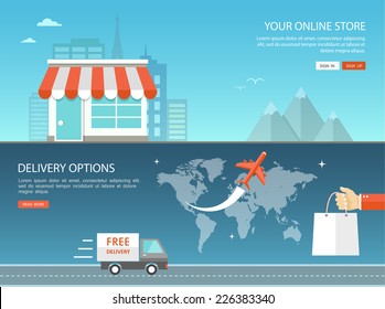 Online shopping and delivery options flat banner. Eps10