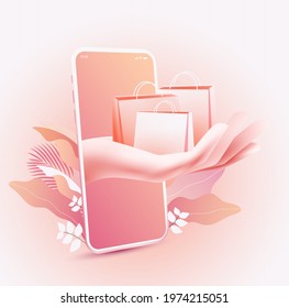 Online shopping and delivery order concept with hand holding shopping bags exits the screen of smartphone on floral background website banner or poster or flyer promo. Vector illustration