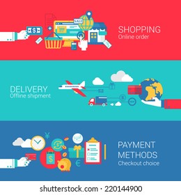 Online shopping delivery payment concept flat icons set of order shipment checkout process and vector web banners illustration print materials website click infographics elements collection