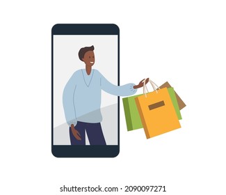 Online shopping, delivery. Person on phone screen delivered packages with purchases. Vector flat illustration isolated on white background. Online delivery phone concept. Smartphone apps concept.