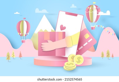 online shopping and delivery. Podium for placing products blue background. decoration, mountain, tree, forest, telephone, shopping, balloon. paper cut and craft style. vector art and illustration.