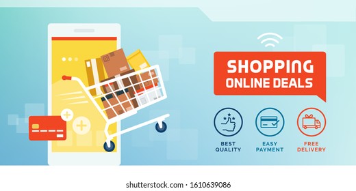 Online shopping and delivery promotional sale banner with shopping cart full of delivery boxes, smartphone and credit card