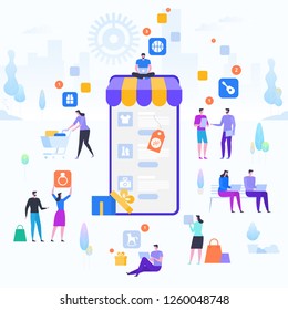 Online Shopping and Delivery of Purchases. Ecommerce Sales, Digital Marketing. Sale and Consumerism Concept.  Digital Technologies and Shopping. Flat style Vector Illustration.