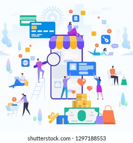 Online Shopping and Delivery of Purchases. Ecommerce Sales, Digital Marketing. Sale and Consumerism Concept. Online Shop Application. Digital Technologies and Shoppin. Flat style Vector Illustration.