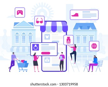 Online Shopping and Delivery of Purchases. Ecommerce Sales, Digital Marketing. Sale and Consumerism Concept. Online Shop Application. Digital Technologies and Shoppin. Flat style Vector Illustration.