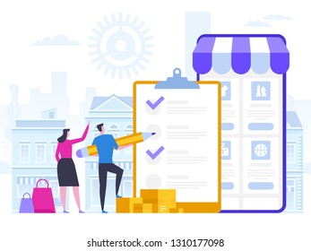 Online Shopping and Delivery of Purchases. Ecommerce Sales, Digital Marketing. Sale and Consumerism Concept. Online Shop Application. Digital Technologies and Shoppin. Flat style Vector Illustration.