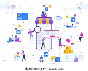 Online Shopping and Delivery of Purchases. Ecommerce Sales, Digital Marketing. Sale and Consumerism Concept. Online Shop Application. Digital Technologies and Shoppin. Flat style Vector Illustration.