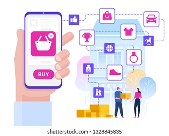 Online Shopping and Delivery of Purchases. Ecommerce Sales, Digital Marketing. Sale and Consumerism Concept. Online Shop Application. Digital Technologies and Shoppin. Flat style Vector Illustration.