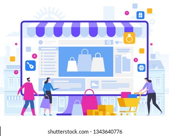 Online Shopping and Delivery of Purchases. Ecommerce Sales, Digital Marketing. Sale and Consumerism Concept. Online Shop Application. Digital Technologies and Shoppin. Flat style Vector Illustration.