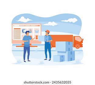 Compras en línea y entrega de compras. Ventas de comercio electrónico, marketing digital. Concepto de Venta y Consumismo. Aplicación de la tienda en línea. ilustración moderna de vector plano 