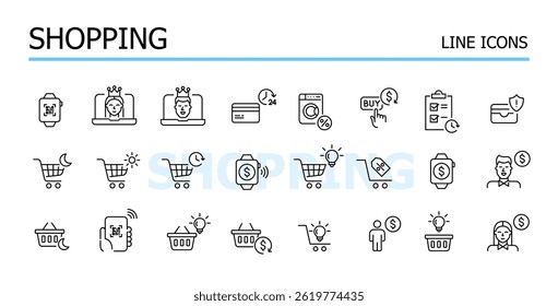 Online shopping and delivery. Rewards and cash back, ideas for marketing. Vector icons set