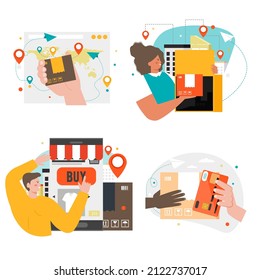 Online shopping and delivery scenes, vector illustration. Global logistics, international shipment, electronic payments.