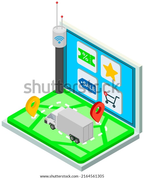 Online shopping and delivery service with car\
delivery controlled via application with laptop, geolocation\
system. Modern technologies remote shopping and ordering goods at\
home. Contactless order