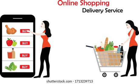 Online shopping and delivery service concept, woman ordering grocery from mobile app vector illustration 