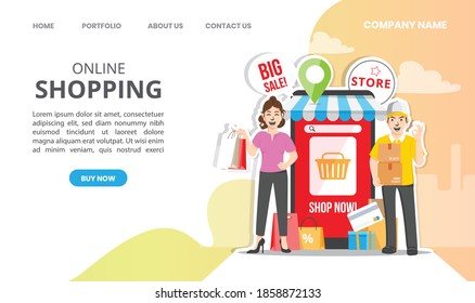 Online shopping, Online delivery service concept, flat design banner  Vector illustration.
