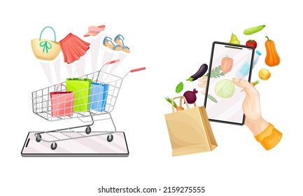 Online shopping and delivery service concept. Mobile shopping from smartphone app. E-commerce cartoon vector illustration