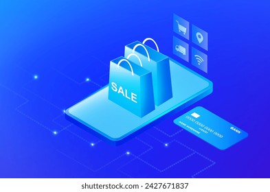 Online shopping and delivery service concept, sale shopping bag on smartphone and credit card vector illustration