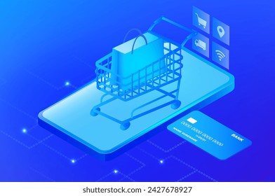 Online shopping and delivery service concept, sale shopping bag on smartphone and credit card vector illustration