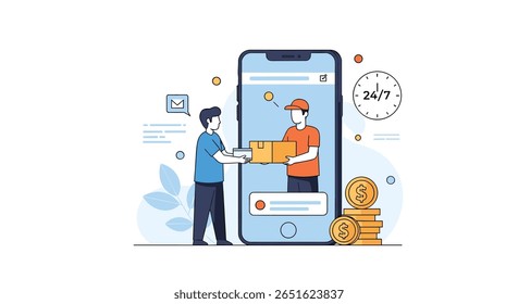 Online Shopping Delivery Service Concept with Mobile App and Courier Handing Package to Customer