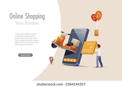 Online shopping and delivery service Customer online order on smartphone app with scooter and credit card payment. E-commerce concept. 3D vector.