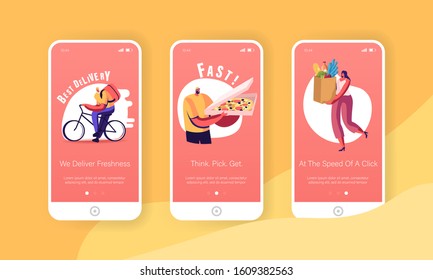 Online Shopping and Delivery Service Mobile App Page Onboard Screen Set. Deliveryman Bringing Pizza to Customer, Woman with Groceries Concept for Website or Web Page. Cartoon Flat Vector Illustration