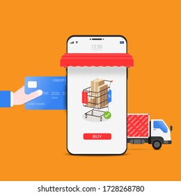 Online shopping and delivery service with mobile application technology. Digital marketing and e-commerce. vector illustration